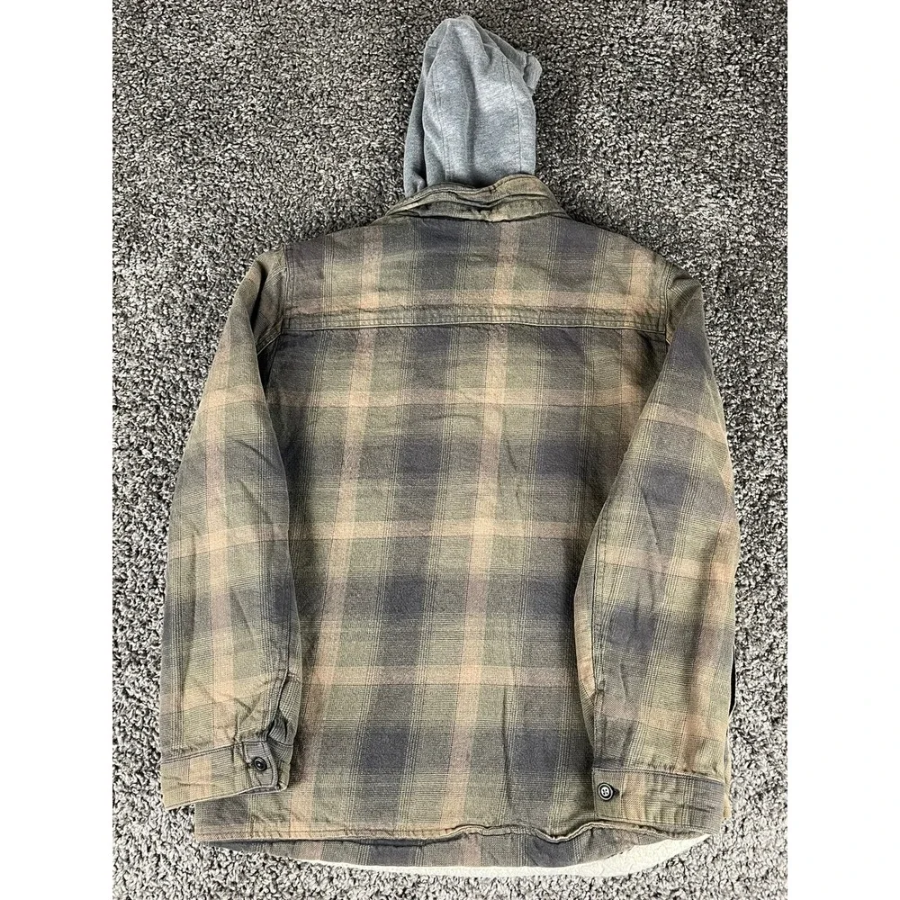 Levis Mens Plaid Hooded Flannel Sherpa Lined Shirt Jacket Brown Olive Size M - Picture 2 of 10